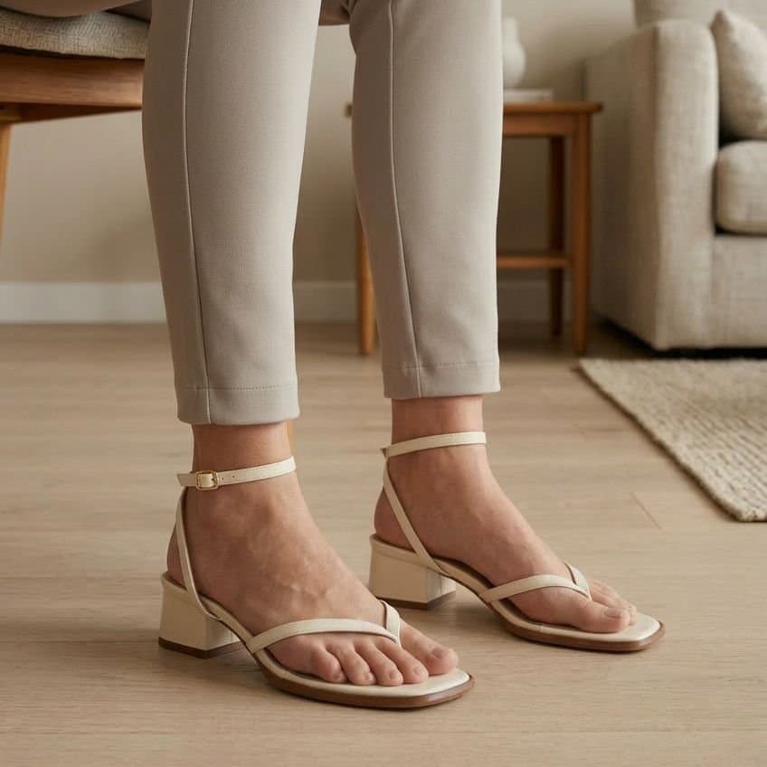 Truffle Collection Truffle Collection Women's Block Heel Open Toe Sandals Buckle Strap Polyurethane Summer Shoes in Cream