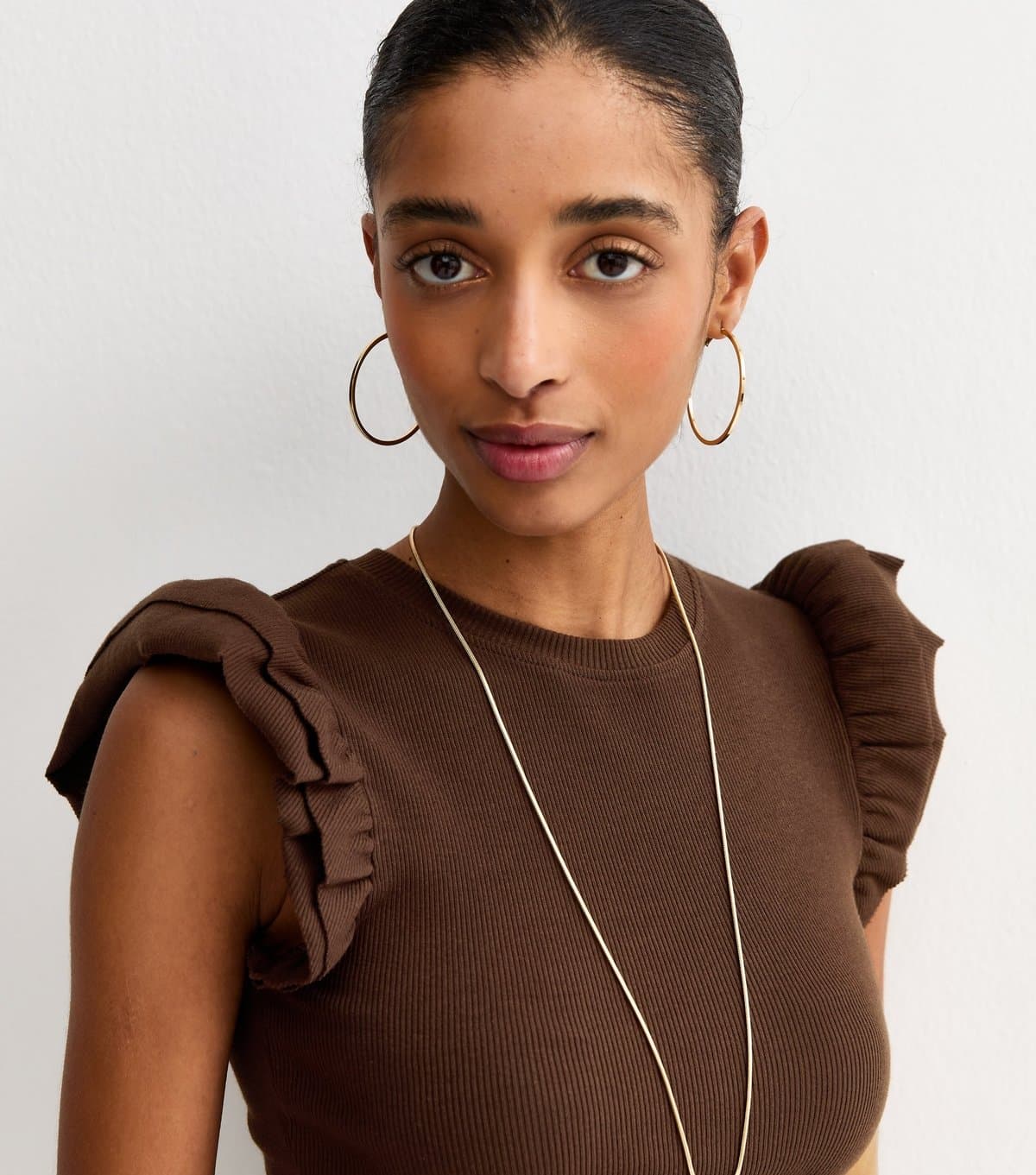 New Look Women's Dark Brown Frill Sleeve Top New Look