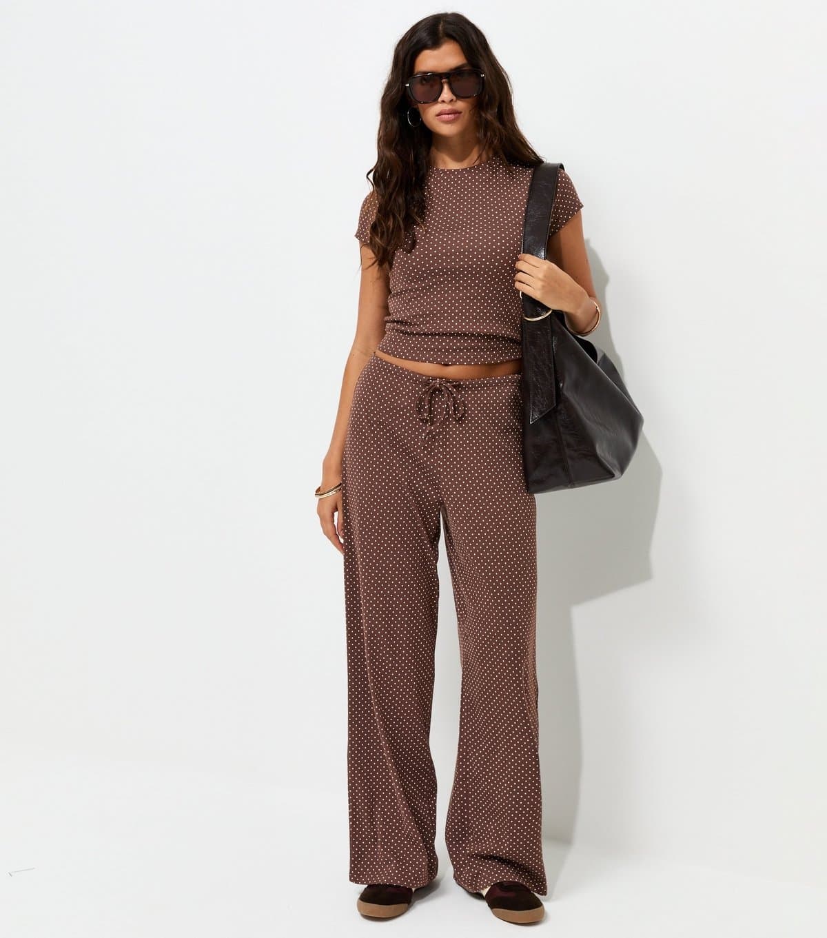 New Look Women's Brown Polka Dot Drawstring Wide Leg Trousers New Look