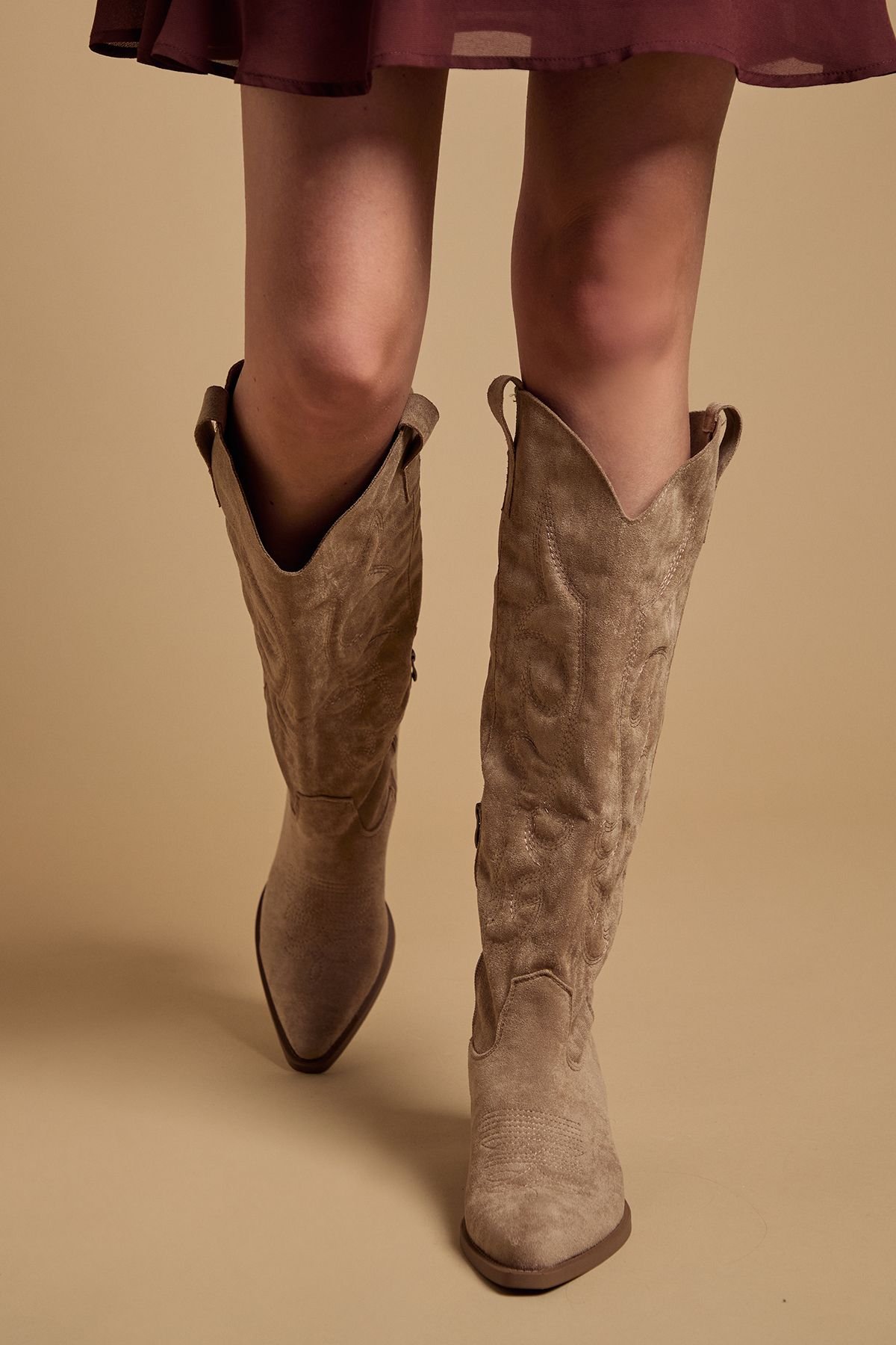 Oasis Oasis Women's Jess Faux Suede Embroidered Western Knee Boots in Taupe - 2