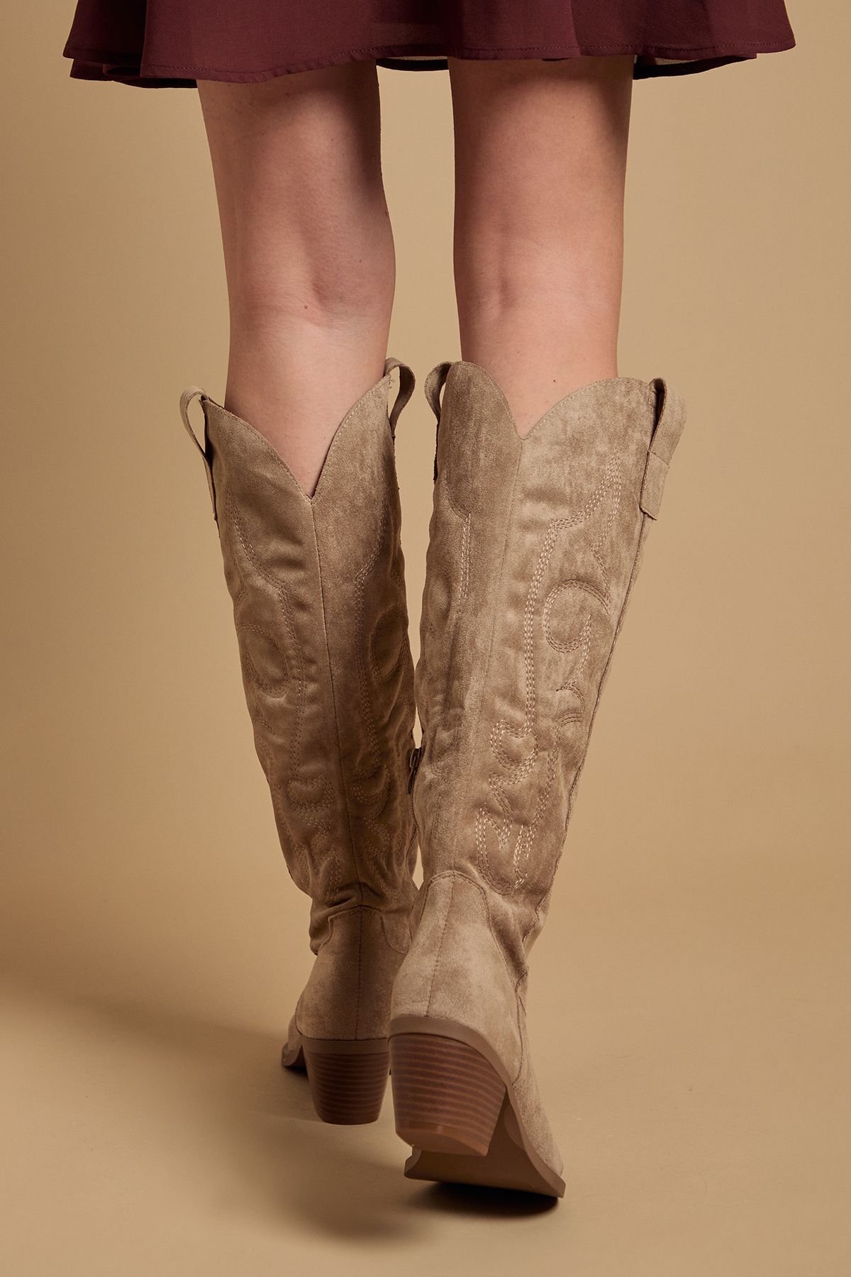 Oasis Oasis Women's Jess Faux Suede Embroidered Western Knee Boots in Taupe - 3