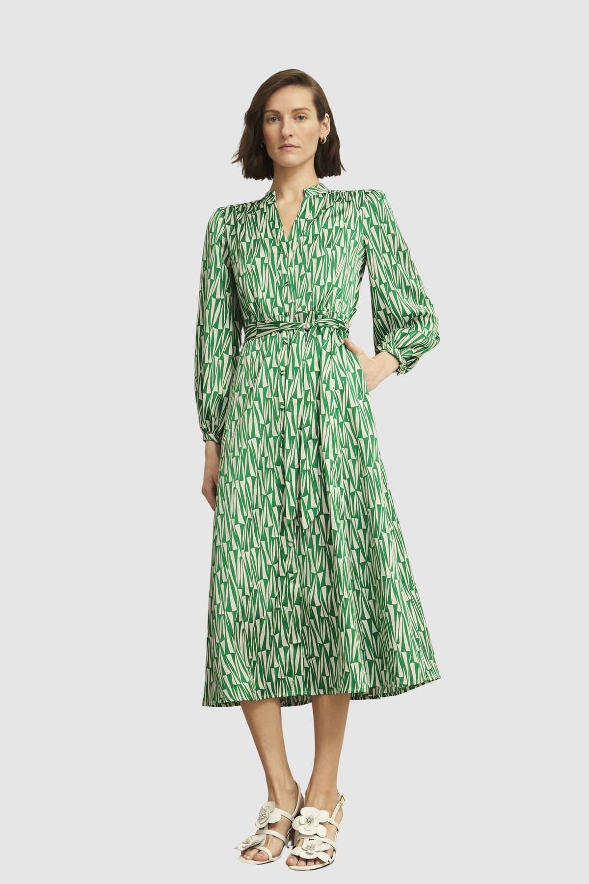 Hobbs London Hobbs London Women's Deanery Tie Waist Printed Midi Dress in Green