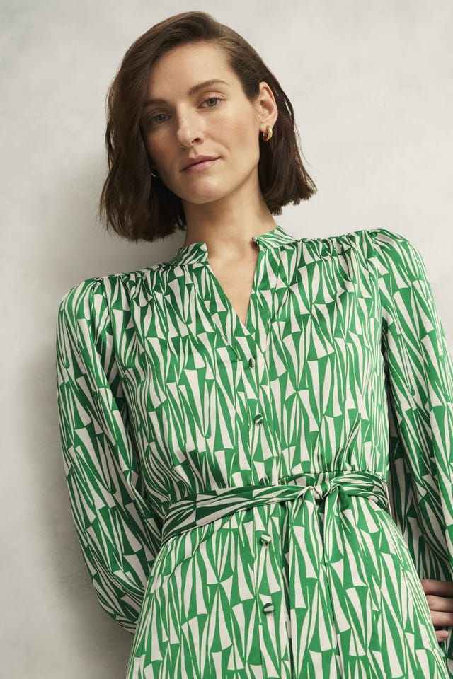 Hobbs London Hobbs London Women's Deanery Tie Waist Printed Midi Dress in Green - 3