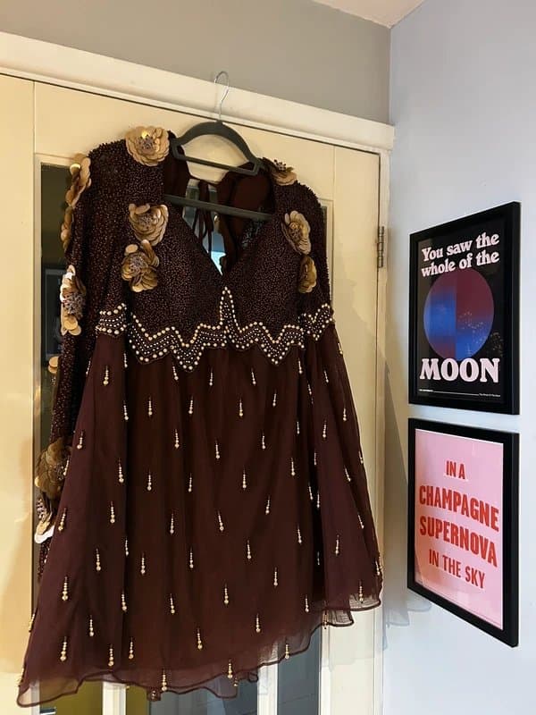 ASOS ASOS Luxe embellished dropped pearl mini dress with 3D flowers in brown