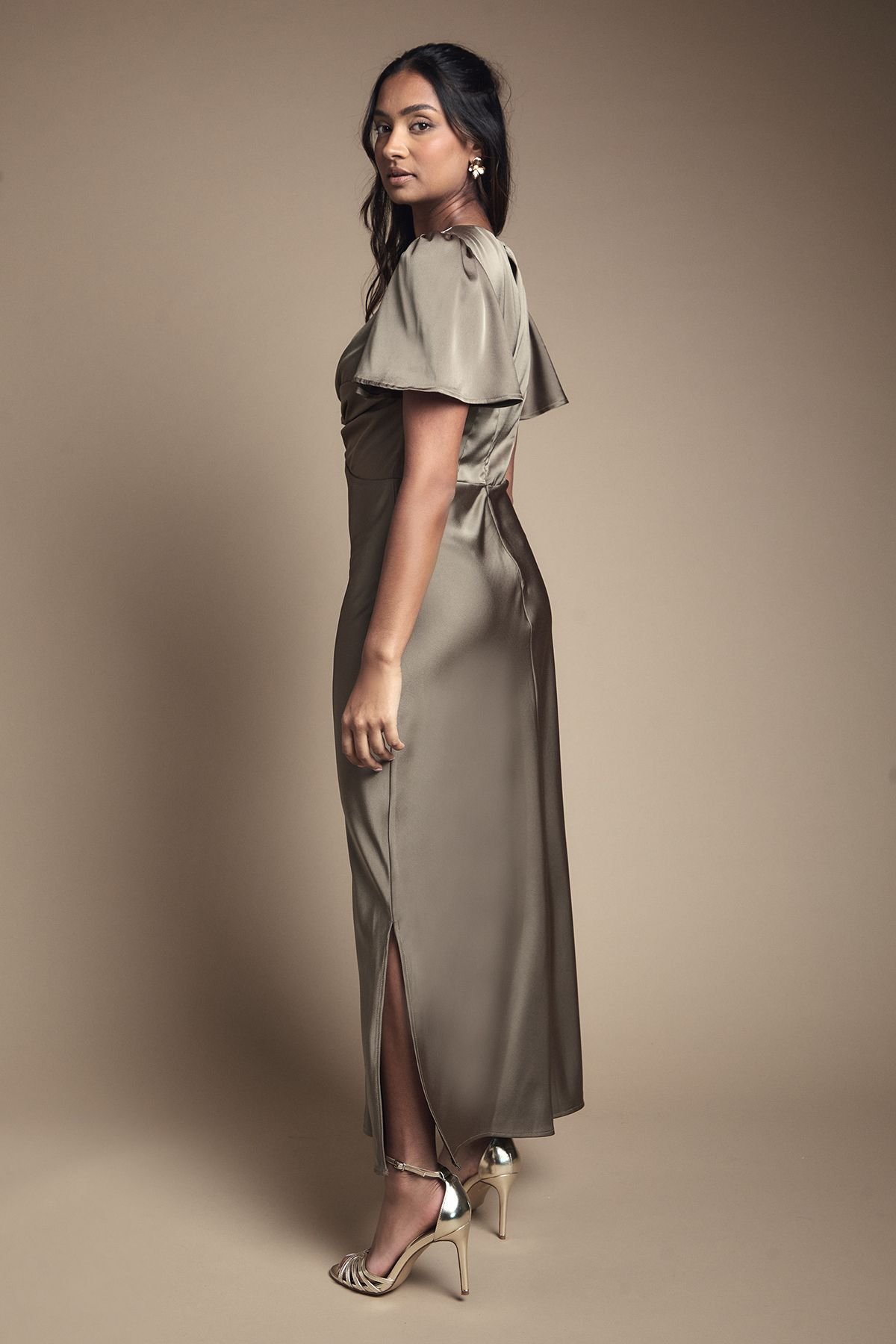 Oasis Oasis Women's Satin Twist Front Angel Sleeve Midi Bridesmaid Dress in Olive - 3