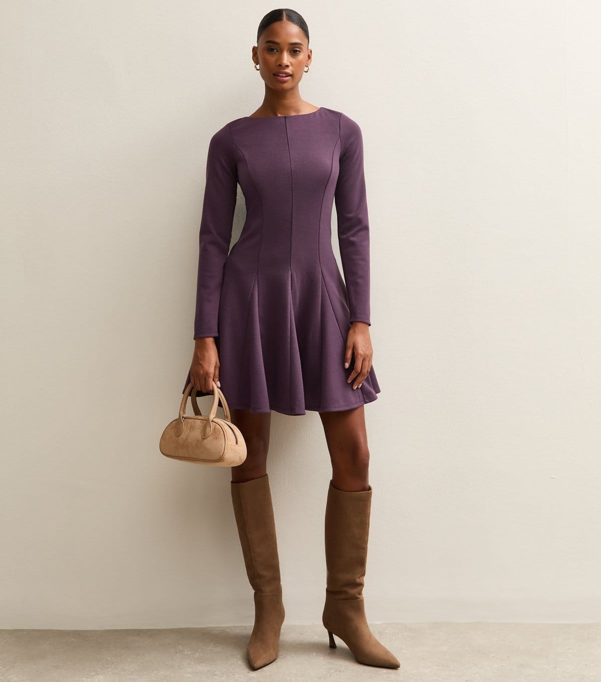 New Look Purple Slash Neck Long Sleeve Skater Dress