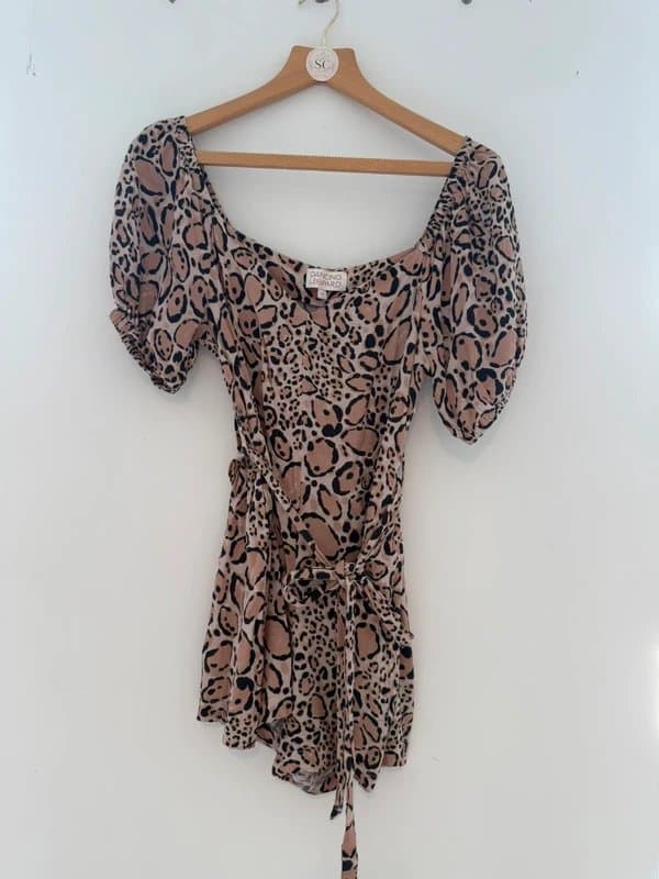 Dancing Leopard Dancing Leopard Leopard Print Wrap Playsuit Size 10 Puff Sleeve Tie Waist