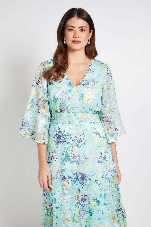 Wallis Wallis Women's Floral Burn Out Flared Sleeve Midi Dress in Sage - 2