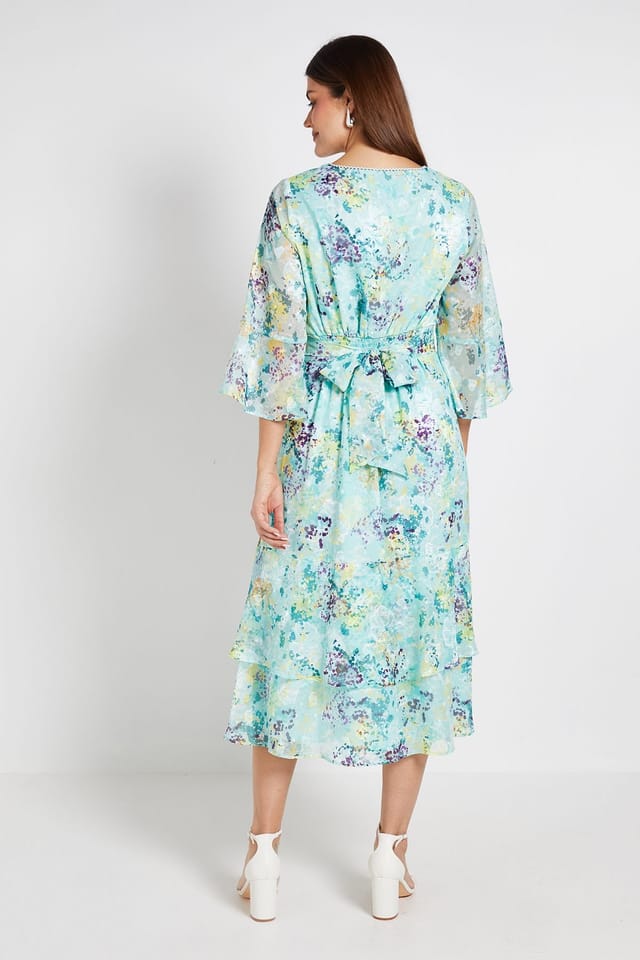 Wallis Wallis Women's Floral Burn Out Flared Sleeve Midi Dress in Sage - 3