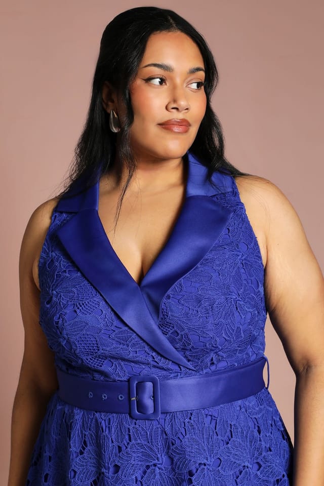 Coast Coast Women's Plus Lace Sleeveless Satin Contrast Midi Skirt Dress in Cobalt - 2