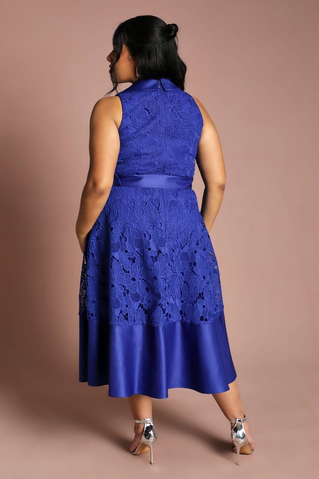 Coast Coast Women's Plus Lace Sleeveless Satin Contrast Midi Skirt Dress in Cobalt - 3
