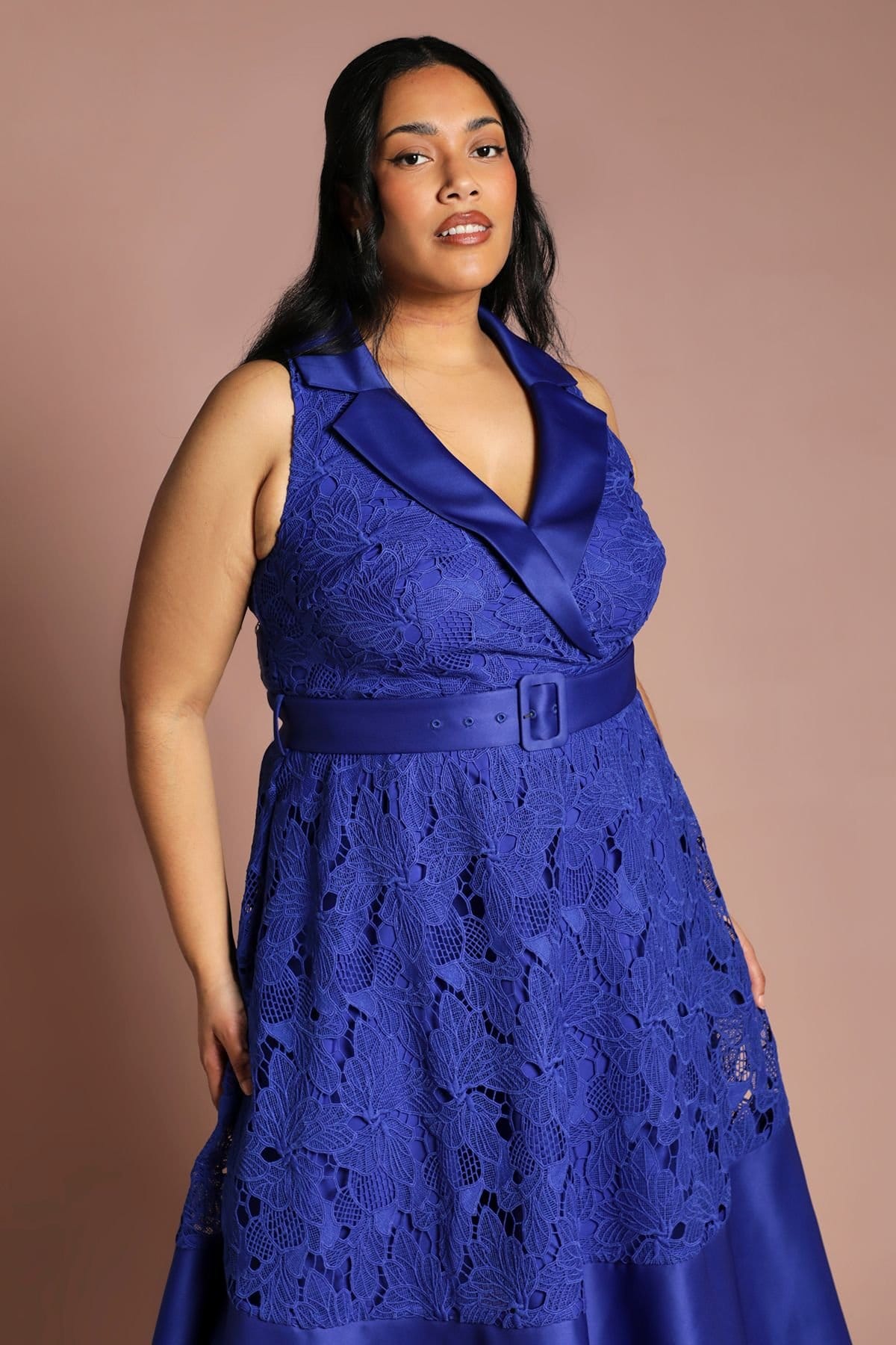 Coast Coast Women's Plus Lace Sleeveless Satin Contrast Midi Skirt Dress in Cobalt - 4