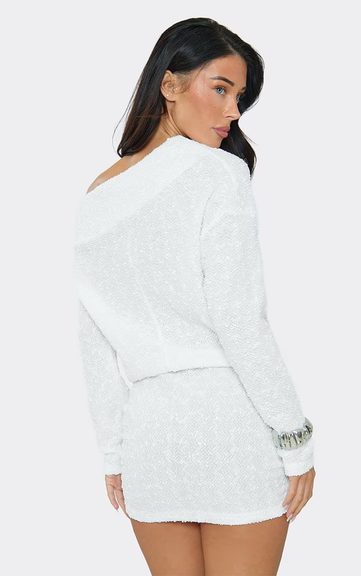 EGO Off The Shoulder Long Sleeve Mini Dress In White Textured., Women's Size UK S