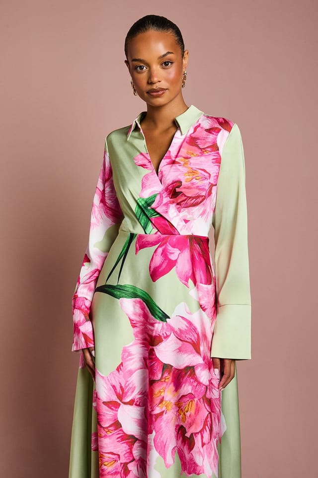 Coast Coast Women's Petite Placement Print Wrap Front Gown in Sage - 2