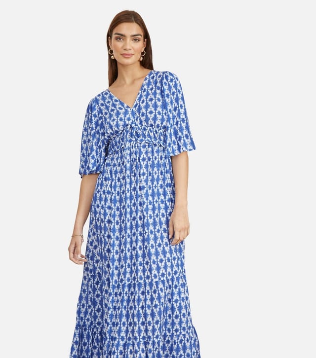 Yumi Women's Blue Aztec Print Smock Waist Midi Dress Yumi New Look - 2