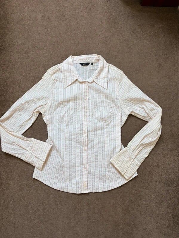 Per Una Per Una vintage y2k pink cream white stripe long sleeve fitted button up collar shirt 12