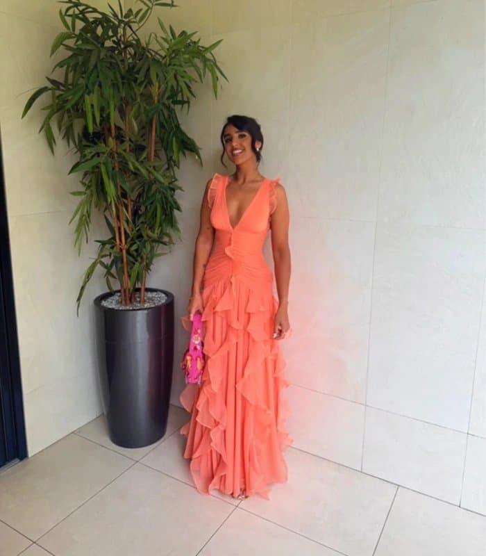 ASOS ASOS Luxe Ruched Maxi Dress with Waterfall Detail Ruffles - Coral