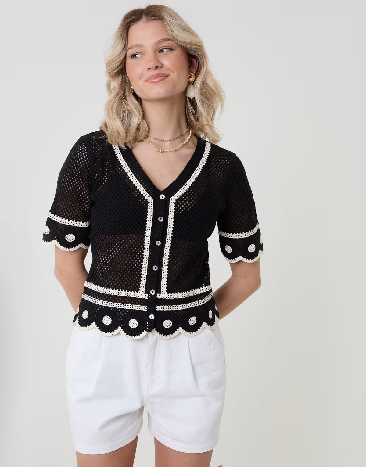 ASOS Threadbare Crochet flower hem button up top in black - 1