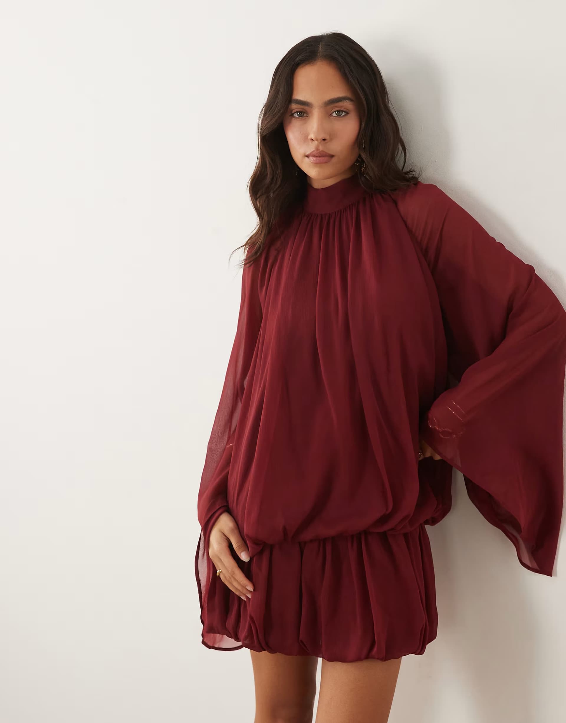ASOS ASOS DESIGN tie neck bubble mini dress in berry