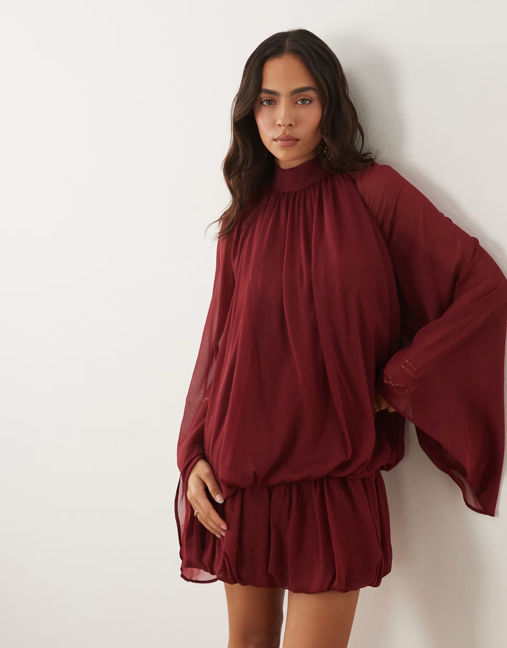 ASOS Berry Chiffon Tie Neck Bubble Mini Dress