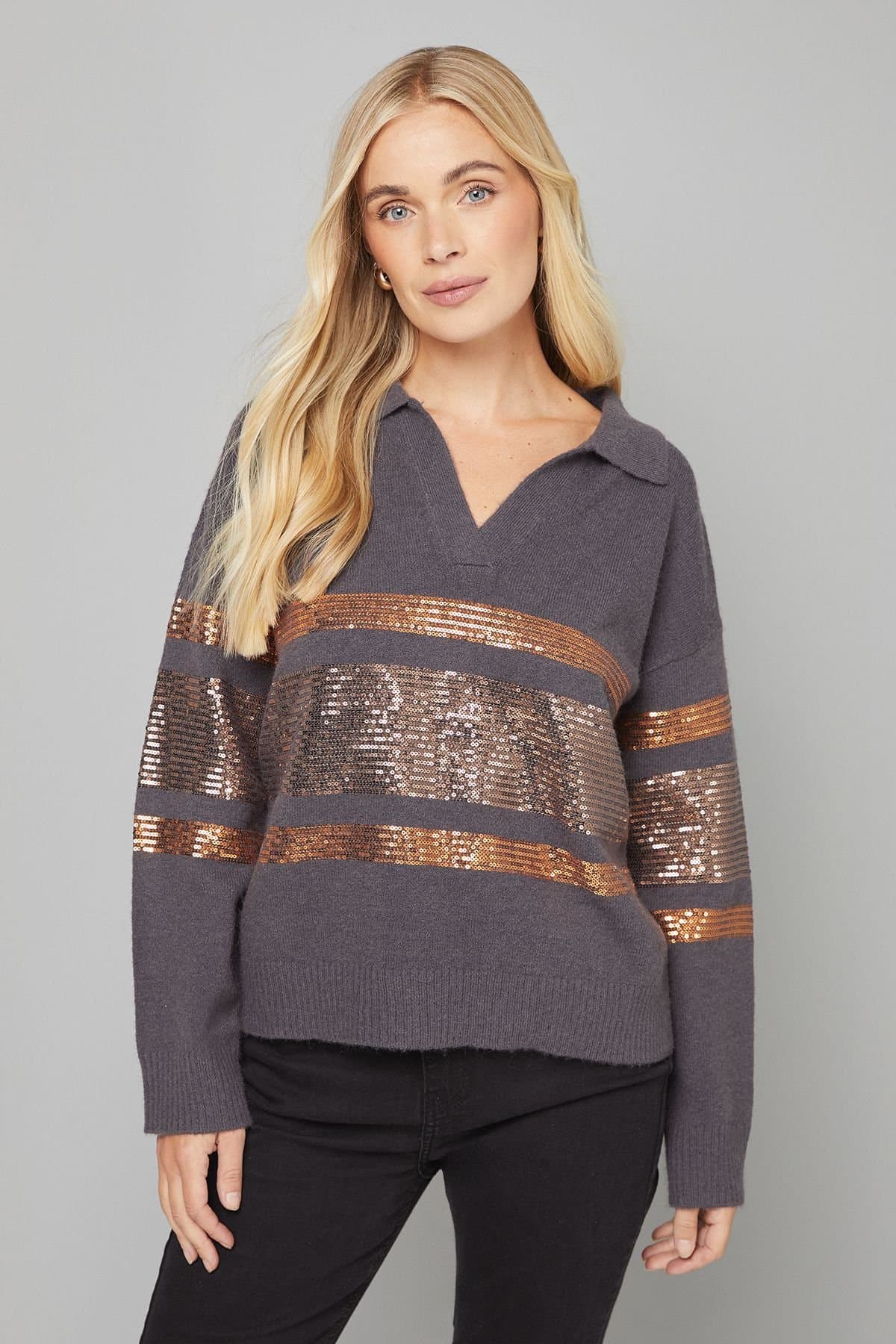 Wallis Wallis Women's Petite Charcoal Sequin Placement Polo Jumper