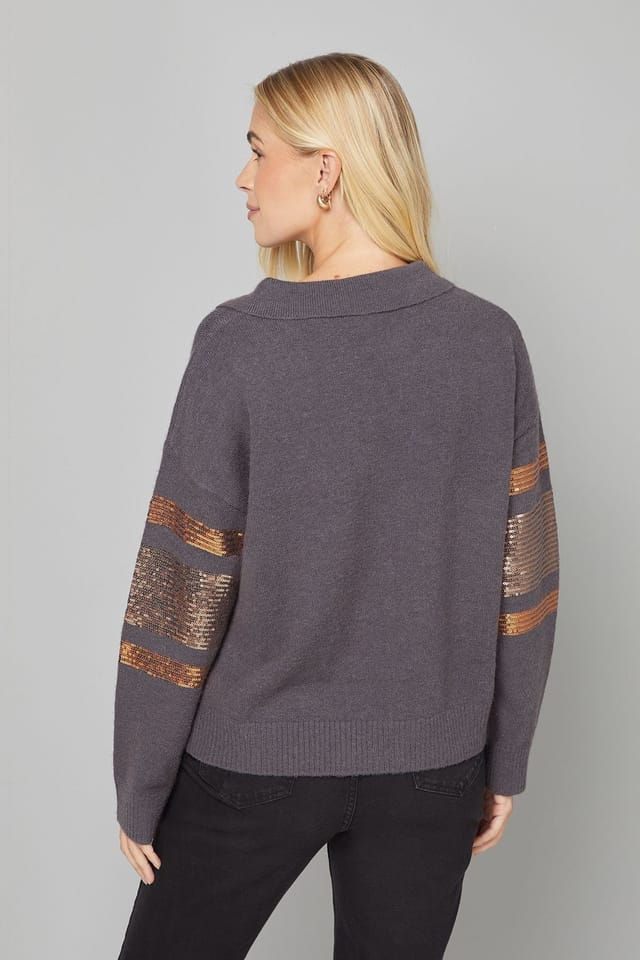 Wallis Wallis Women's Petite Charcoal Sequin Placement Polo Jumper - 3