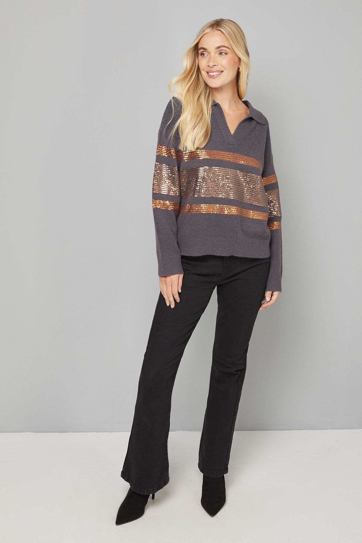 Wallis Wallis Women's Petite Charcoal Sequin Placement Polo Jumper - 4