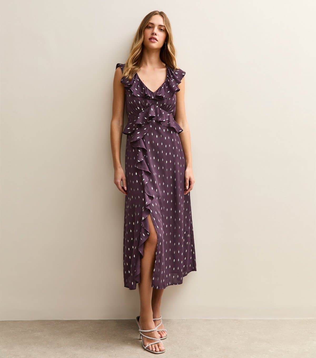 New Look Women's Dark Purple Gold Fleck Frill Midi Dress New Look
