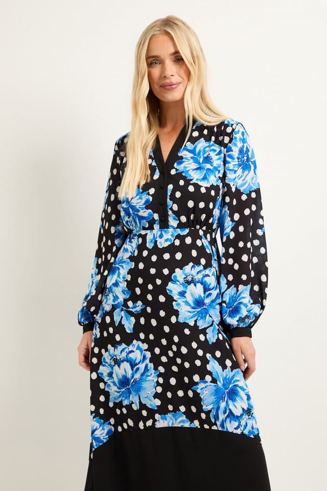 Wallis Wallis Women's Petite Floral Belted Contrast Midi Dress in Black - 2