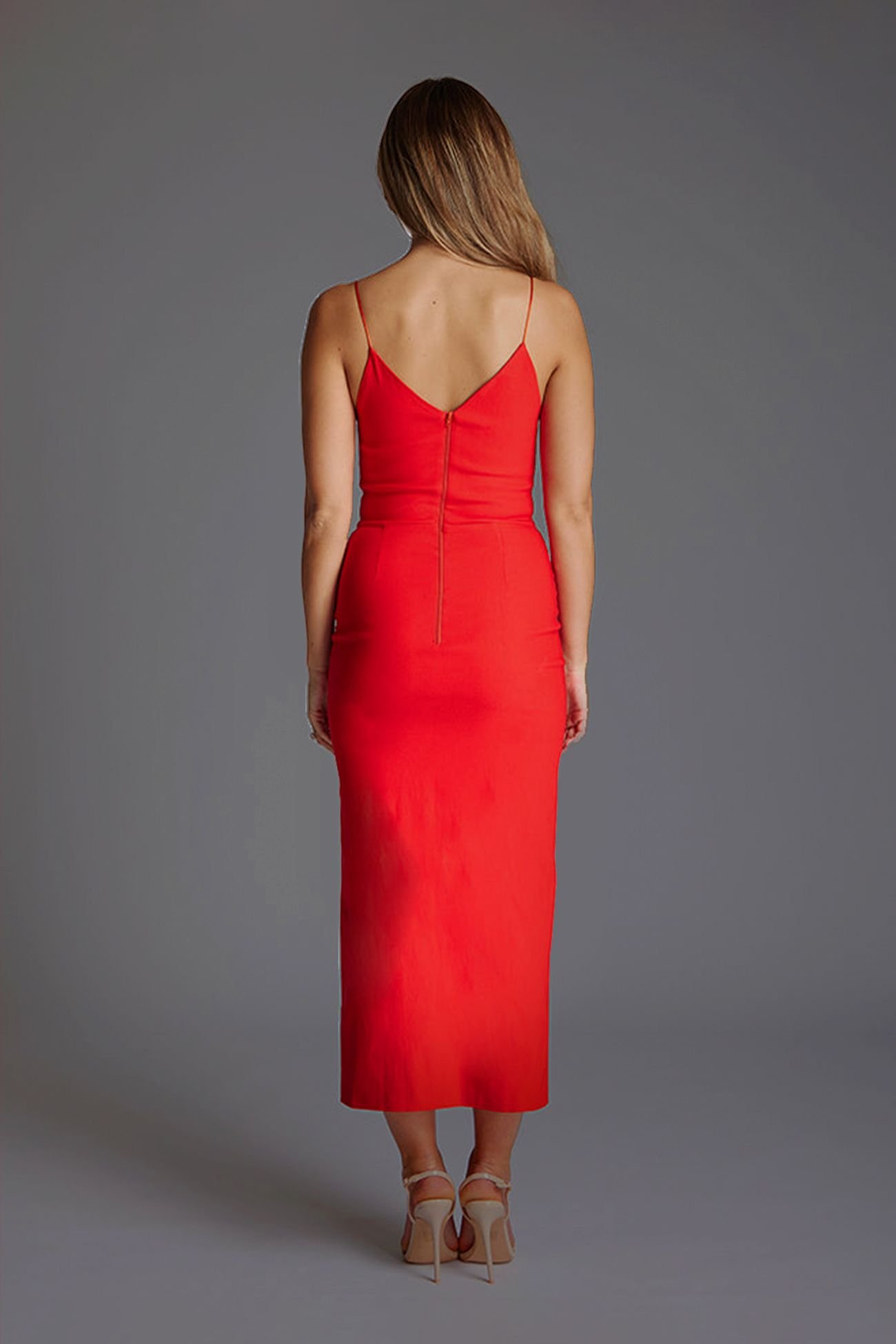 Vesper Vesper Women's Spaghetti Strap Midaxi Dress with Thigh Split in Red - 4