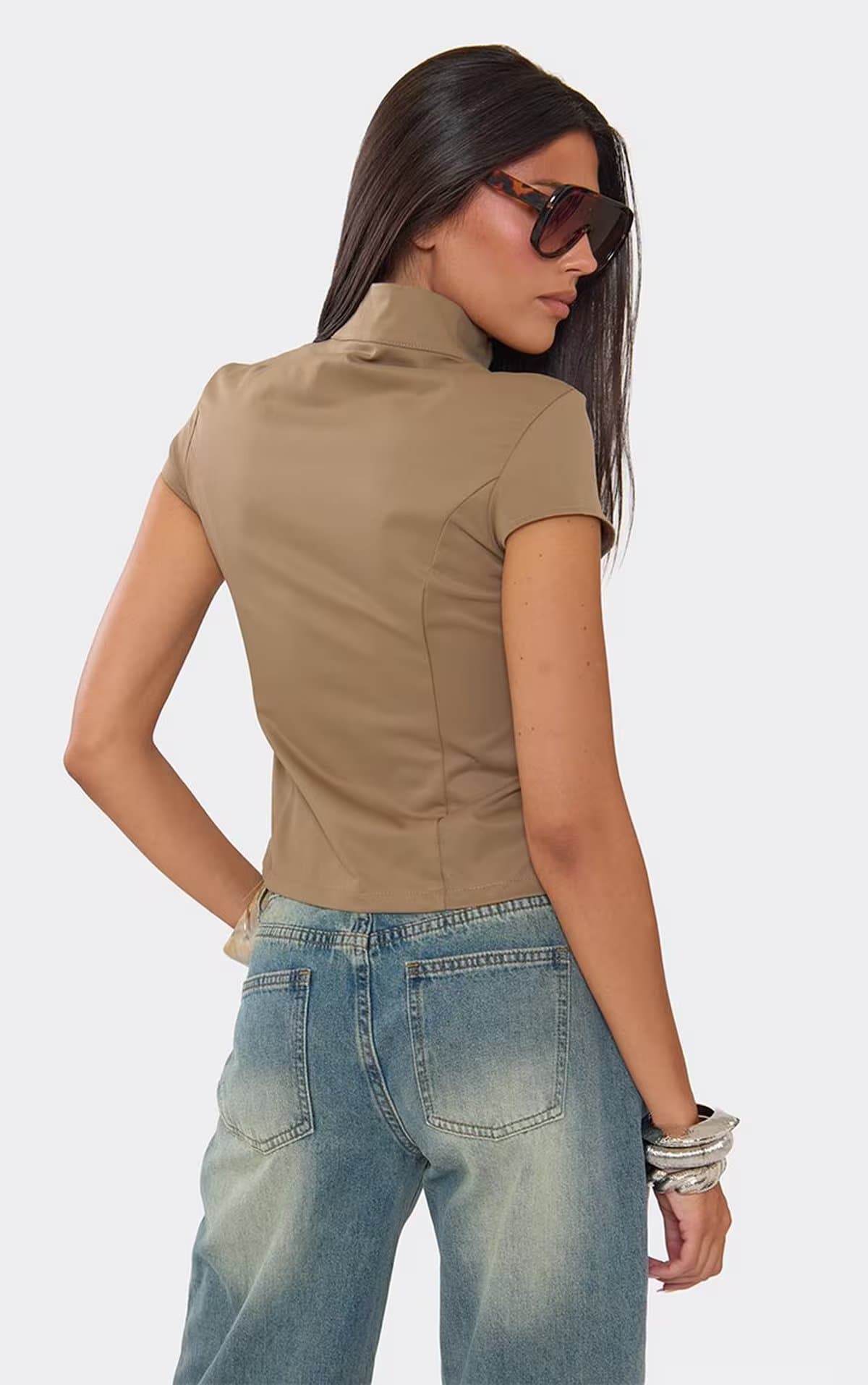 EGO High Neck Short Sleeve Top In Khaki, Women's Size UK 6