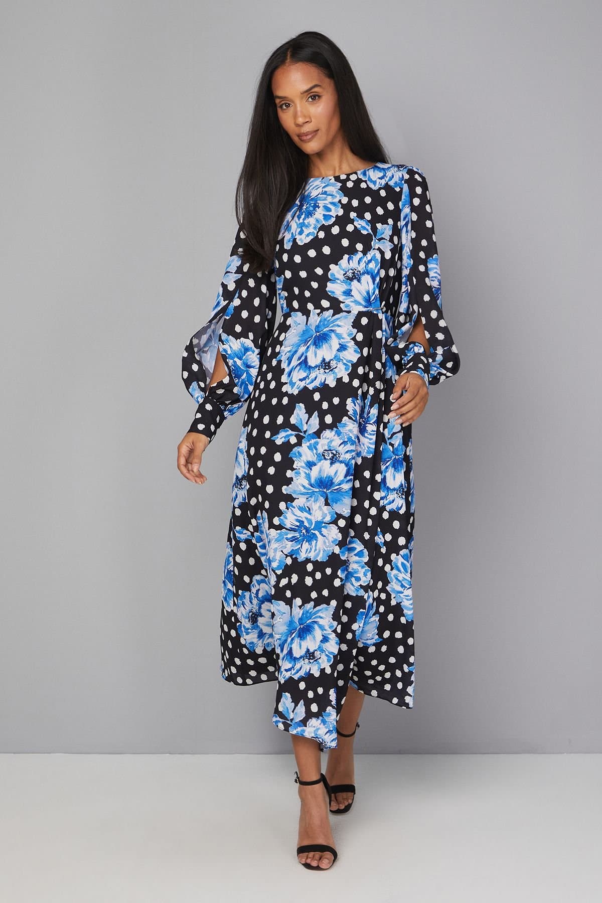 Wallis Wallis Women's Floral Drape Split Sleeve Midi Dress in Black
