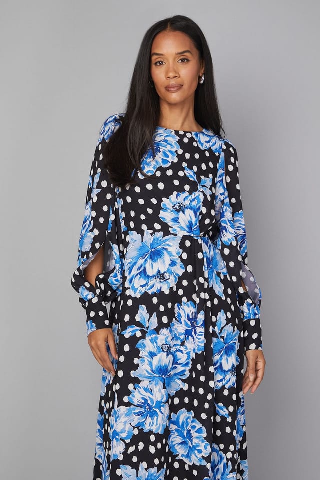 Wallis Wallis Women's Floral Drape Split Sleeve Midi Dress in Black - 2