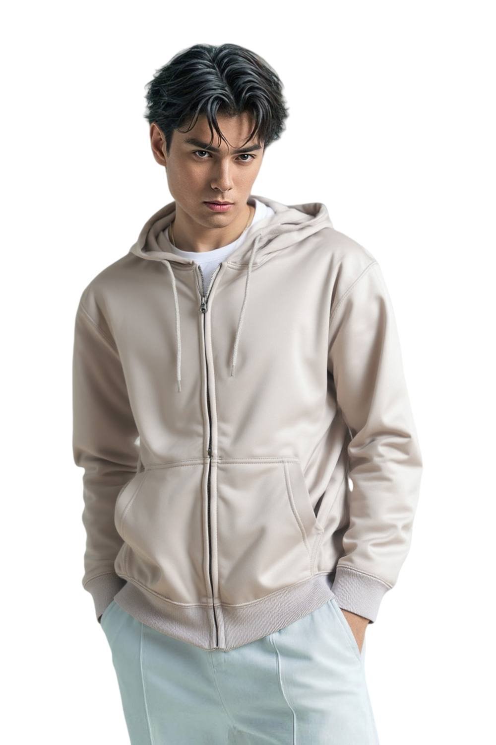 SweetLook SweetLook Men's Plain Full Zip Up Polyester Hoodies for Men Uk in Light Beige - 2