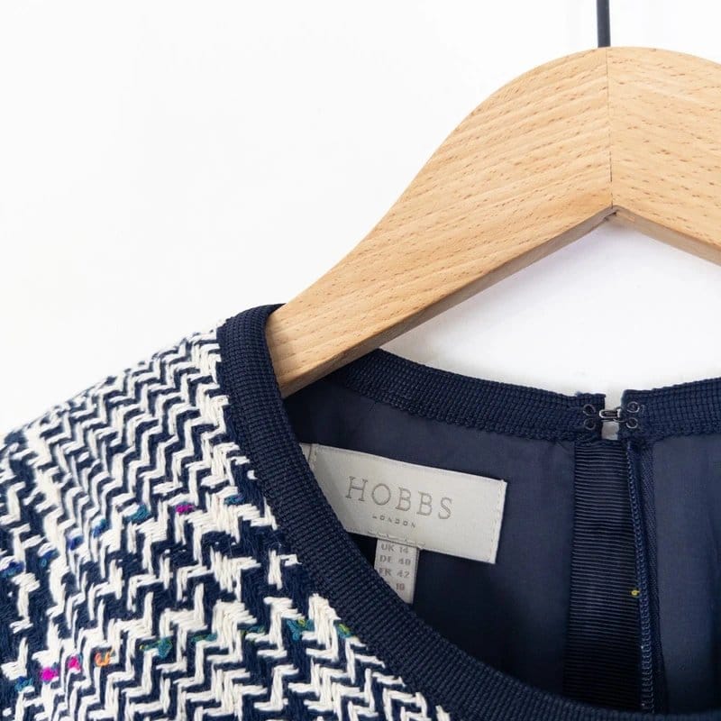 Hobbs Tweed Weave Check Shift Dress Size 14 Navy Multi Sleeveless Cotton Knit