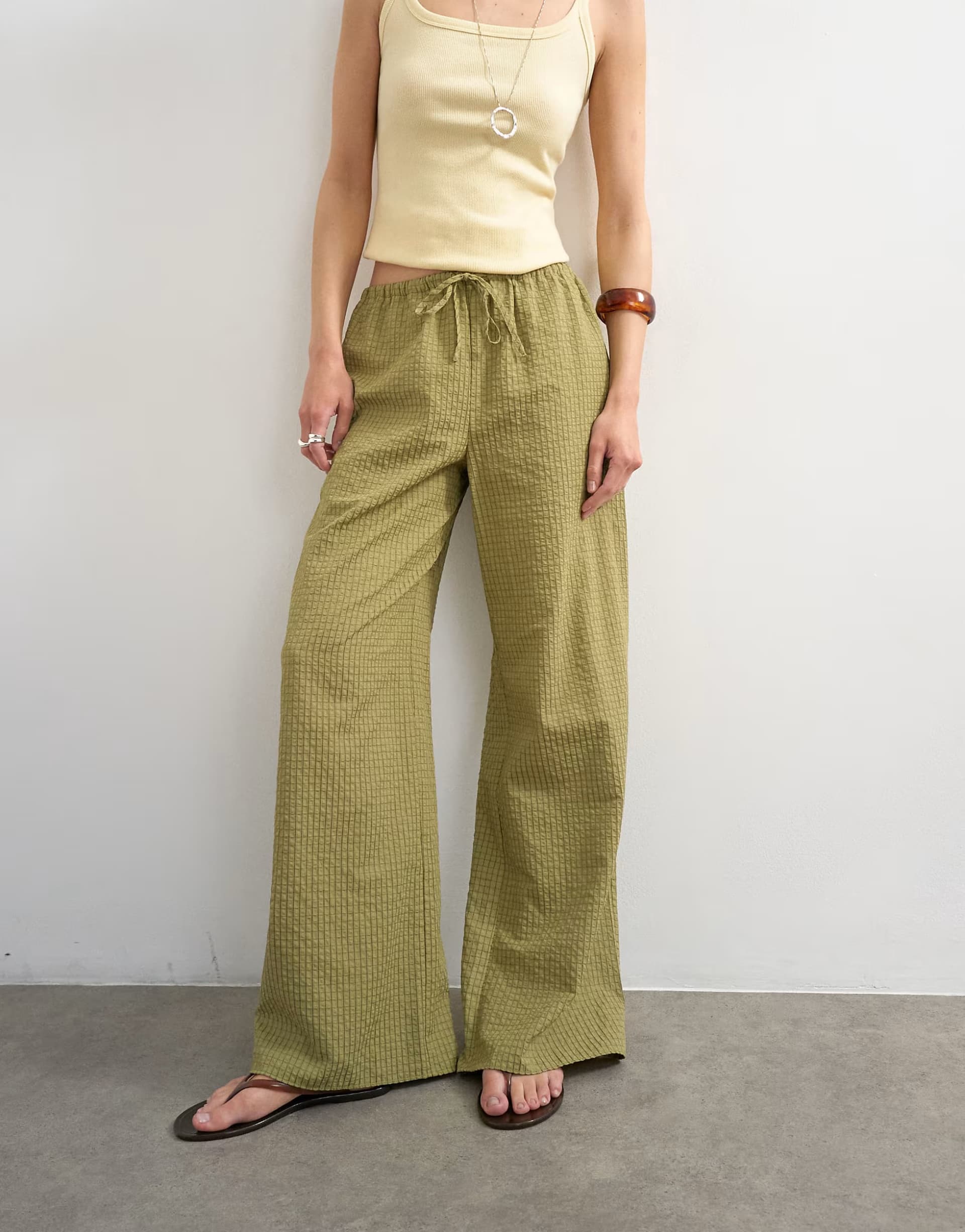 ASOS Topshop crinkle check drawcord trouser in green