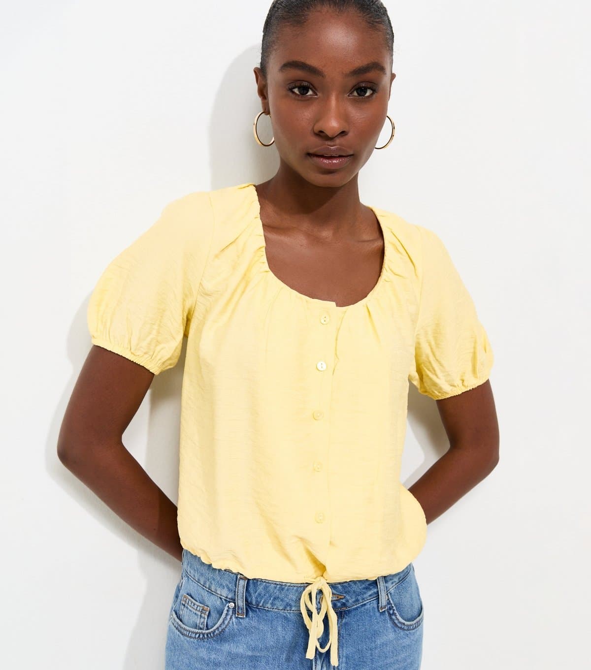 New Look Women's Light Yellow Button Drawstring Bubble Hem Blouse New Look