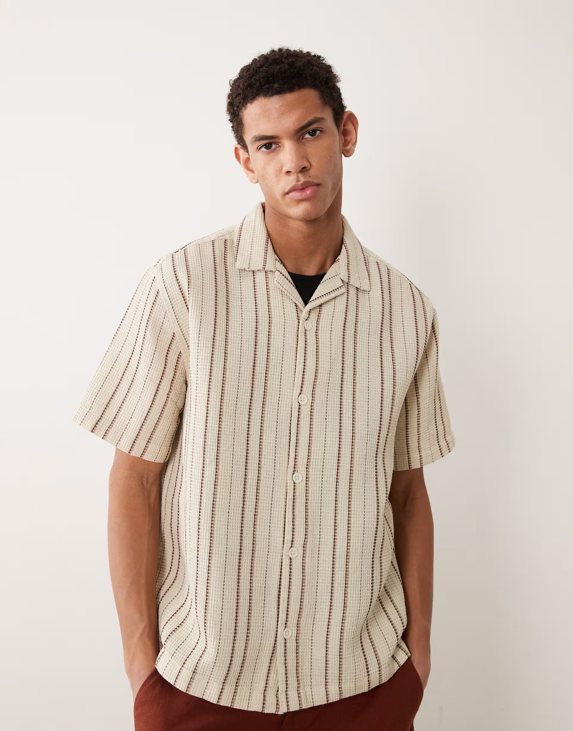 ASOS ASOS DESIGN relaxed revere waffle textured stripe shirt in beige