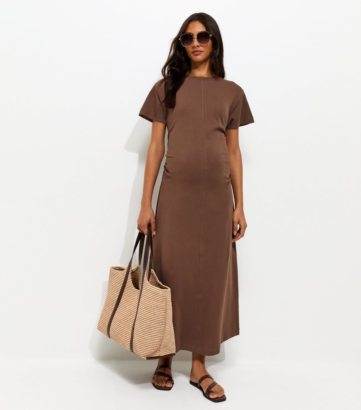 New Look Women's Maternity Dark Brown Ruched T-Shirt Midi Dress New Look