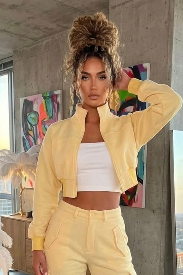 STYLEWISE STYLEWISE Women's Cropped Zip Sweatshirt & Cargo Trouser Tracksuit Co-ord in Yellow - 2