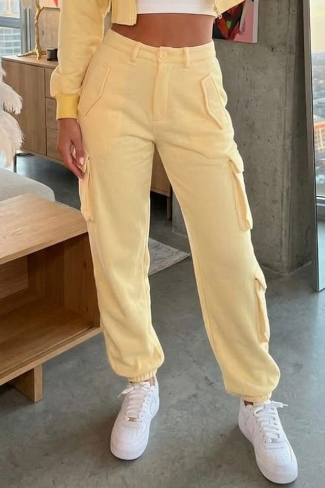 STYLEWISE STYLEWISE Women's Cropped Zip Sweatshirt & Cargo Trouser Tracksuit Co-ord in Yellow - 3