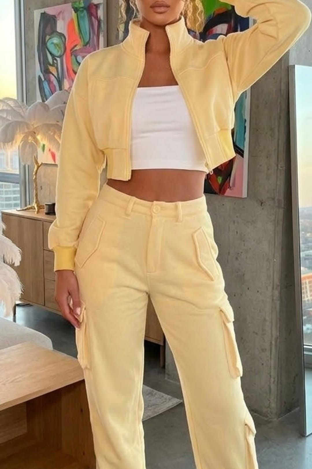STYLEWISE STYLEWISE Women's Cropped Zip Sweatshirt & Cargo Trouser Tracksuit Co-ord in Yellow - 4