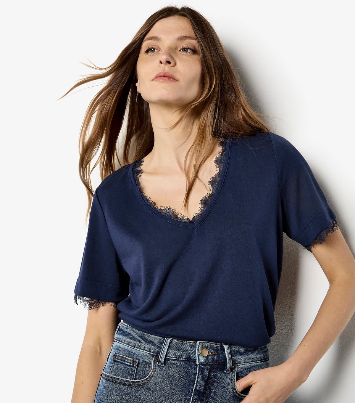 Apricot Women's Navy Eyelash Lace Trim Slub T-Shirt Apricot New Look