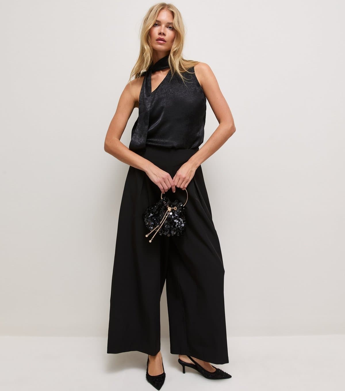 New Look Women's Black Satin Neck Scarf Sleeveless Top New Look