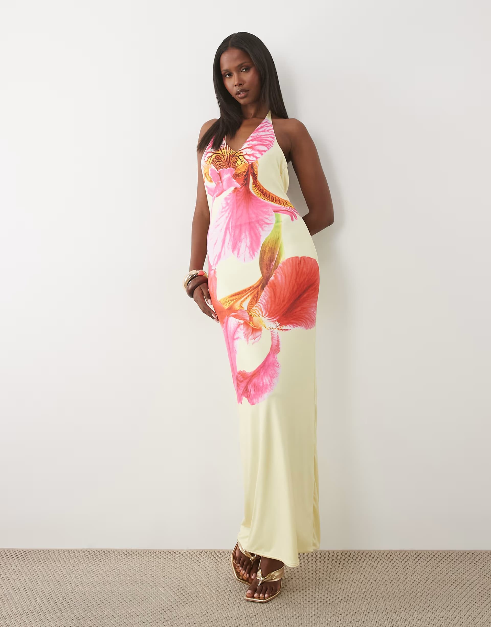 ASOS Missyempire double sculpted slinky plunge halterneck maxi dress in lemon & hot pink flower print