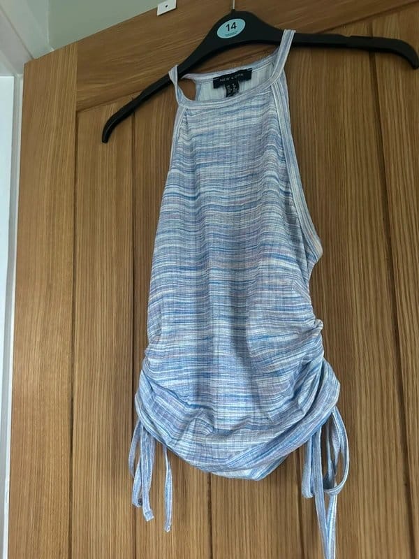 New Look Lilac & White Striped Halter-Neck Ruched Top