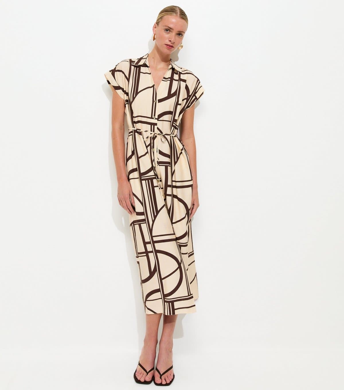 New Look Women's Cream Abstract Print Short Sleeve Midi Shirt Dress New Look