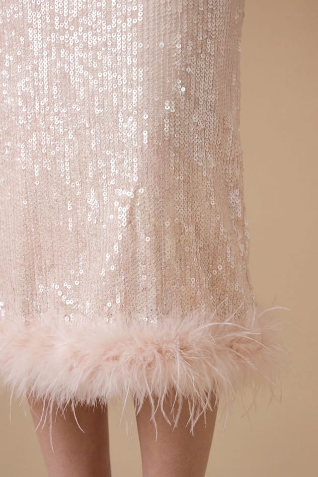 Oasis Oasis Women's Hen Sequin Feather Trim Midi Skirt in Champagne - 3