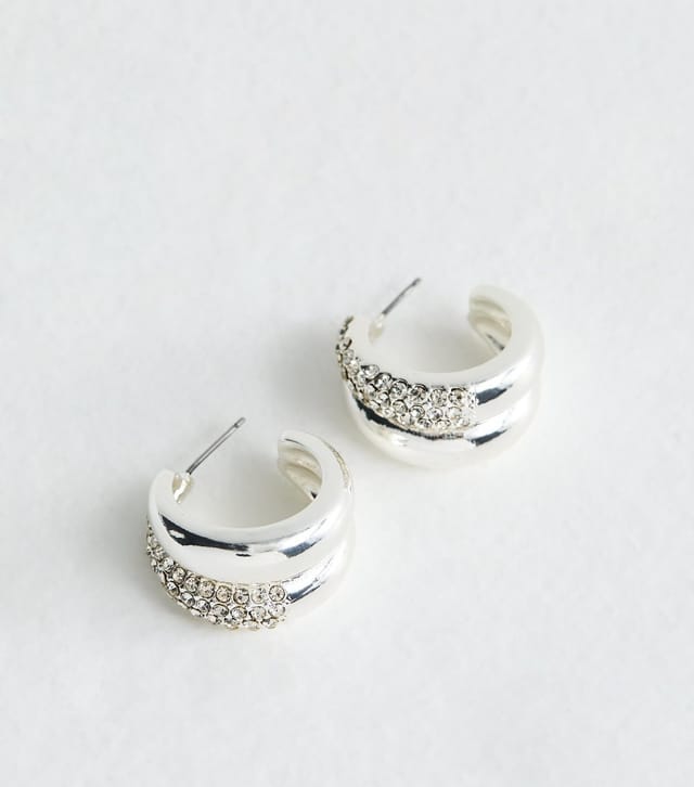New Look Silver Double Effect Diamante Stud Mini Hoop Earrings New Look - 3