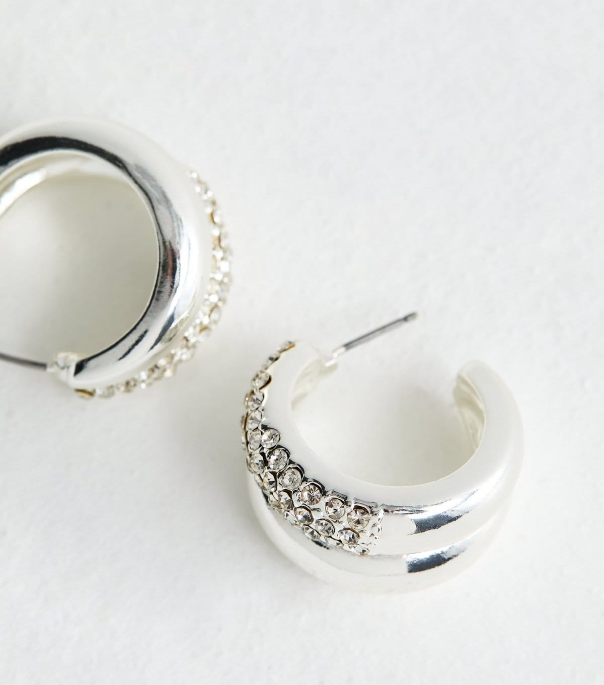 New Look Silver Double Effect Diamante Stud Mini Hoop Earrings New Look - 4